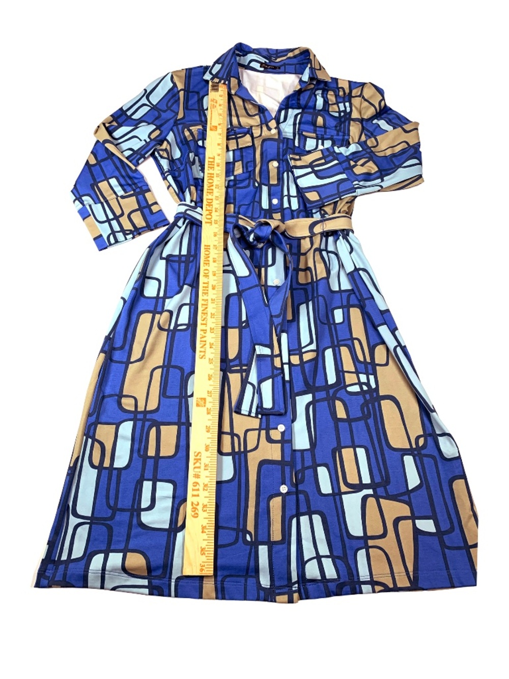J. McLaughlin Knit Jersey Collared Belted Shirt Dress Women Blue Geometric Med - Picture 10 of 11